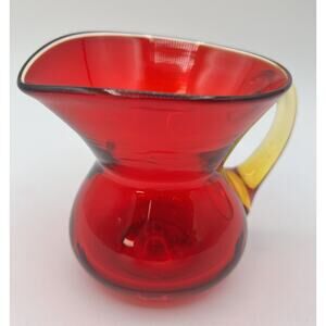 Vtg Hand Blown Amberina Art Glass Mini Pitcher 3.5” Red Yellow Glows 70’s MCM